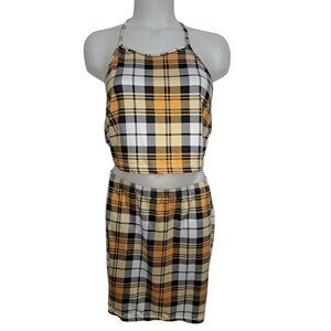 Shein Womens Yellow Black Whie Plaid 2PC Set Top + Skirt Large
